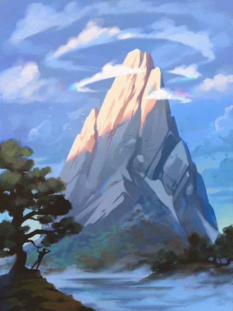 A solitary mountain with just a touch of morning light. Add some bright color to your room with this fun poster!  100% hand drawn and designed by me, printed on thick and durable matte paper. How To Draw Mountains Digital, Mountain Digital Painting, Alpenglow Painting, How To Paint Mountains, Colorful Mountain Painting, Mountain Concept Art, Mountain Lighting, Mountain Digital Art, Mountain Environment