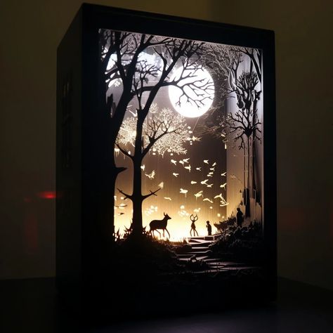 30 Creative Shadow Box Ideas to Turn Keepsakes into Art Lit Shadow Box Ideas, Framed 3d Art, Woodland Shadow Box Ideas, Diy Christmas Shadow Boxes With Lights, Shadow Box Painting Ideas, Diy Layered Shadow Box Ideas, Nativity Shadow Box Diy, Mushroom Shadow Box Ideas, Paper Shadow Box Art Diy