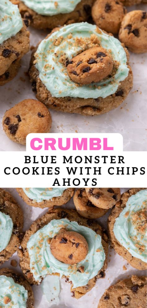 Crumbl blue monster cookies with chips ahoy - Lifestyle of a Foodie Cookies With Chips, Blue Monster Cookies, Lifestyle Of A Foodie, Crumble Cookie Recipe, Monster Cookies Recipe, Cookie Dough Ice Cream, Blue Monster, Chips Ahoy, Gourmet Cookies