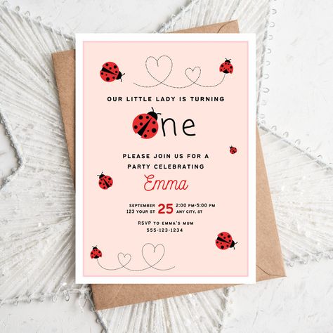 "Looking for a unique and fun way to celebrate your little one's 1st birthday?  Look no further than our ladybug birthday invitation!  This printable invitation is perfect for any little girl's big day.  Plus, it's easy to customize with your child's name and birthday date.  Just download and print! DESCRIPTION:  * Editable Birthday Invitation  * Size: 5x7 Inches (Size cannot be changed)  * Digital or Printable  * Graphics and Background are NOT editable.  * You can edit with the Canva free version.   YOU CAN EDIT:  * Name  * Age  * All party details YOU CANNOT EDIT:  * Background  * Theme Colors  * Characters   HOW IT WORKS: * Purchase: Add to cart and check out.  * Instant Download: Wait for an email with the link to the \"PDF' file. You can also find the download link on your account. Love Bug 1st Birthday Party, 1st Birthday Girl Invitations, Ladybug First Birthday Party, Ladybug Theme Party, Pink Ladybug Birthday, Pink Ladybug Party, Ladybug Birthday Theme, Ladybug Party Invitations, Ladybug Birthday Invitations