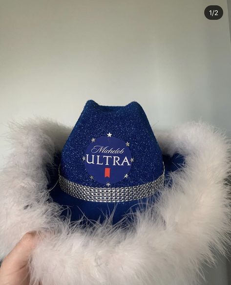 Alcohol Cow Girl Hats, Michelob Ultra Cowboy Hat, Liquor Cowgirl Costume, Cowboy Hats Decorated Like Alcohol, Diy Alcohol Hats, Alcoholic Drinks Halloween Costumes, Alcohol Themed Cowboy Hats, Liquor Cowboy Hats Diy, Alcohol Hats Halloween