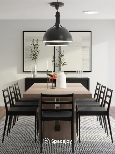 This modern Scandinavian dining room design is sleek, simple and the definition of high-end minimalism. The contrasting dining table and chairs add interest into the design and the statement wall art creates a focal point for the design. Wall Art Dining Room Ideas Modern, Artwork Dining Room Wall, Large Wall Art For Dining Room, Art Above Dining Table, Dining Wall Decor Ideas Modern, Minimal Dining Room Decor, Dinning Room Wall Decor Ideas Modern, Dining Room Wall Decor Ideas Simple, Dining Room Statement Wall