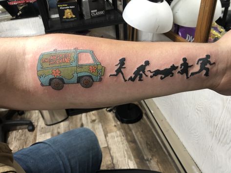 This is something I combined from one tattoo and just picture of the mystery machine Tattoo Ideas From Movies, Mystery Machine Tattoo, Cartoon Tattoos Sleeve, Scooby Doo Tattoo Ideas, 90s Tattoo Ideas, Movie Inspired Tattoos, Scooby Doo Tattoo, Cartoon Tattoo Ideas, 90s Tattoos