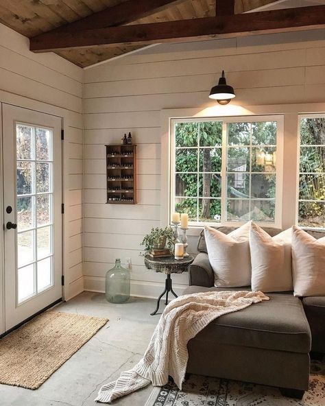 Modern Farmhouse Sunroom, Mobile Home Addition, Elegant Farmhouse Decor, Farmhouse Sunroom, Mobile Home Redo, Cozy Modern Farmhouse, Remodel Mobile Home, Mobile Home Makeovers, Mobile Home Renovations