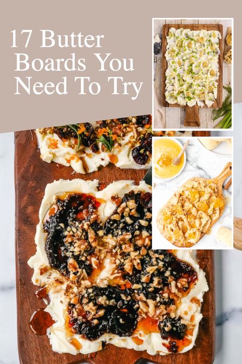 Combining the versatility of cooking with the art of presentation, this list of 17 butter boards you need to try will give you all the inspiration and supplies you need to create a stunning plate of food that is both delicious and Instagram-worthy. From savoury charcuterie boards to homemade nut butter creations, there is something on this list for everyone, and it is time to experiment and get creative in the kitchen! Butter Board With Balsamic, Herbs For Charcuterie Board, Fall Butter Boards Charcuterie, Brie Butter Board, Unusual Food Boards, Unique Cheese Board, New Years Party Ideas Food, Creative Cheese Boards, Charcuterie Board Side Dishes