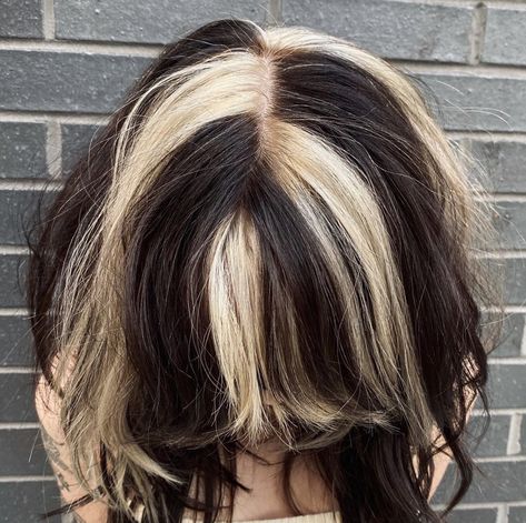 White Chunks In Hair, Highlight Streaks Black Hair, Skunk Print Hair, Chunky Highlights For Short Hair, Chunky Colored Highlights Short Hair, Chunky Highlights Black And Blonde, Big Chunky Highlights, Mullet With Chunky Highlights, Skunk Chunky Highlights Short Hair