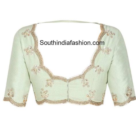 Embellished Blouse with Scalloped Borders Plain Blouse Designs, Wedding Jewellery Designs, Latest Blouses, Necklace Photo, Boutique Trends, Simple Sarees, Blouse Back, Fashion Indian, Embellished Blouse