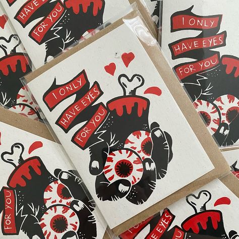 Still chugging away at Valentines! Get any orders in soon! #linocut #valentines #antivalentines #spooky #creepy #printmaker #art #artist #card #eyes Halloween Valentine Card, Linocut Valentines, Creepy Valentines, Spooky Valentines, Artist Card, Linocut Art, Love Cards, Linocut, Valentines Cards