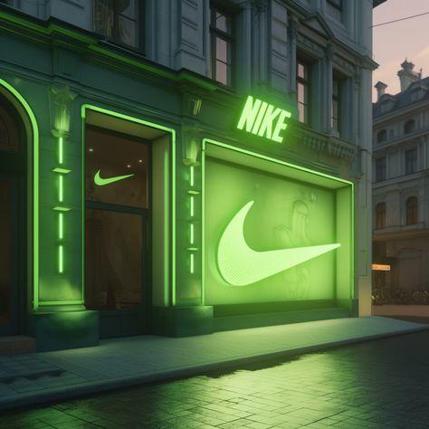 Nike store front with neon signs on a neoclassical building, placed at a street corner. Made with #midjourney #nike #architecture #nikestore #AI Store Front Ideas, Store Front Signage, Neon Window, Neon Branding, Neoclassical Building, Storefront Signage, Neon Store, Neon Signage, Retail Facade