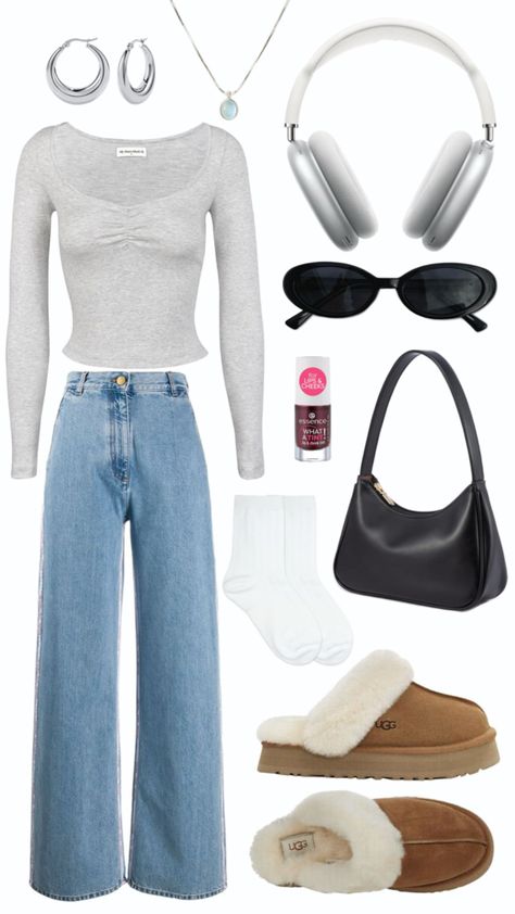 Silver hoop earrings, silver necklace with light blue stone pendant, grey long sleeve shirts, light wash denim pants, slip on uggs, white socks, small black handbag, essence what a tint, oval black sunglasses, silver/grey apple AirPods max Chilly Weather Outfits, Chilly Weather, Autumn Fall, Fall Outfits, Outfit Inspo, Autumn Outfits