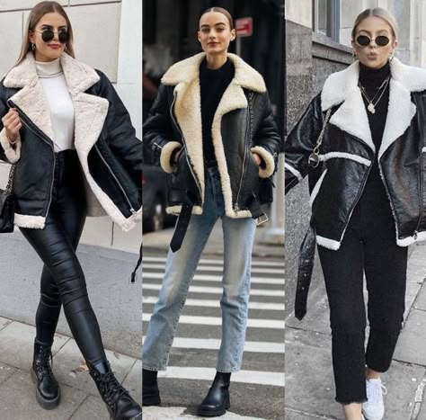 Teddy Lined Leather Jacket Outfit, Black Leather Jacket With White Fur, Black Leather Fur Jacket Outfit, Sherpa Lined Leather Jacket, Faux Shearling Jacket Outfit, Sherpa Leather Jacket Outfit, Black Shearling Jacket Outfit, Leather Sherpa Jacket Outfit, Black Sherpa Jacket Outfit