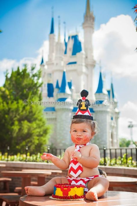 Disney's Magic Kingdom photo session - Disney smash the cake Disney World 1st Birthday Pictures, Disney Birthday Photoshoot, 1st Birthday At Disney World, First Birthday At Disney World, Unbirthday Cake, Cake Snap, Disney World Birthday, Baby Photography Ideas, Happy Unbirthday