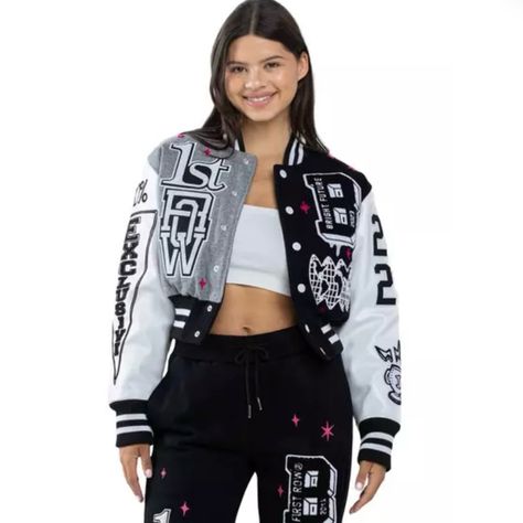 First Row Women's Bright Future Crop Varsity Jacket - Black/White/Grey/Pink, Brand New With Tag, Smoke Free Home Crop Varsity Jacket, Sukajan Jacket, Dream Fashion, Sports Blazer, Pink Brand, Bright Future, Blazers For Women, Pink Color, The Row