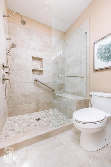 Small Traditional Loveland Bathroom Remodel - Traditional - Bathroom - Cincinnati - by Bauscher Construction & Remodeling, Inc. | Houzz Beige Bathroom Remodel Ideas, Beige Tile Showers, Light Beige Shower Tile, Bathroom Remodel Tan Tile, Beige Shower Room, Bathrooms With Beige Tile, Cream Shower Tile Ideas, Cream Tile Bathroom Color Palettes, Neutral Bathroom Ideas Earth Tones Tile