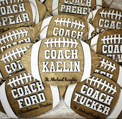 Wooden football ornament, personalized with your coach or players name and number.  Football details and name are cut out of wood for a raised effect.  You can choose to add the name of the school or team and it will be laser engraved into the football.  Jute string is attached for easy hanging. Gift Ideas For Football Coaches, Football End Of Season Gifts For Players, Football Coach Gift Ideas, Wooden Football, Football Team Gifts, Football Coach Gifts, Personlized Gifts, Coach Appreciation Gifts, Coach Appreciation