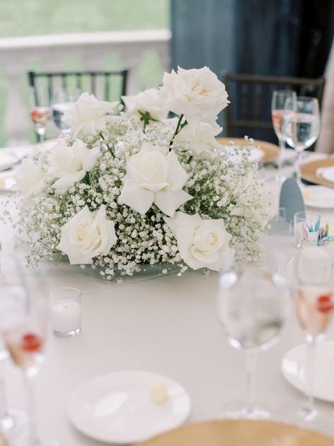 Rose And Gypsophilia Centrepiece, White Flower Table Centerpieces Wedding, Floral Wedding Centrepiece, Baby’s Breath And White Rose Centerpieces, Large White Floral Centerpieces, Classic Wedding Flowers Centerpieces, White Rose And Baby’s Breath, Aisle Centerpiece Wedding, Wedding Floral Centerpieces Low