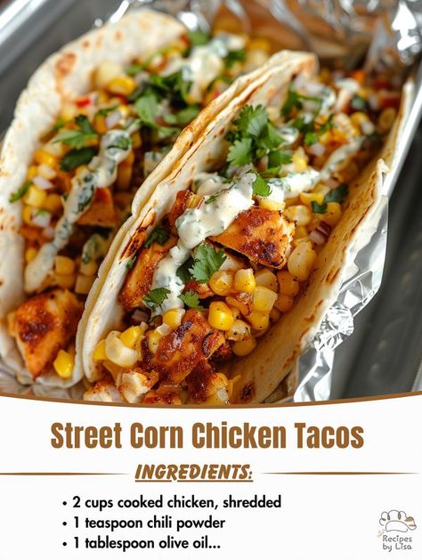 Chicken Corn Tacos Recipe, Corn Chicken Tacos, Street Corn Chicken Tacos Recipe, Street Corn Chicken Tacos, Chicken Tacos Corn Tortillas, Chicken Tacos With Corn Salsa, Mini Crockpot Recipes, Street Taco Recipe, Corn Taco