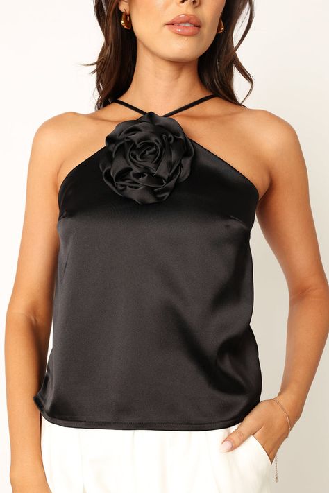 Pai Rosette Top - Black - Petal & Pup USA Rosette Top, Chic Halloween, Halterneck Top, Night Tops, Latest Tops, Halter Neck Top, Clothing Details, Dressy Tops, Guest Outfit