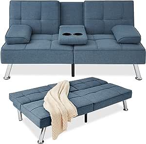 Best Choice Products Linen Upholstered Modern Convertible Folding Futon Sofa Bed for Compact Living Space, Apartment, Dorm, Bonus Room w/Removable Armrests, Metal Legs, 2 Cupholders - Blue Bed For Apartment, Sofa Beds For Small Spaces, Rv Redo, Apartment Dorm, Folding Sofa Bed, Folding Sofa, Sports Event, Futon Sofa Bed, Convertible Sofa Bed