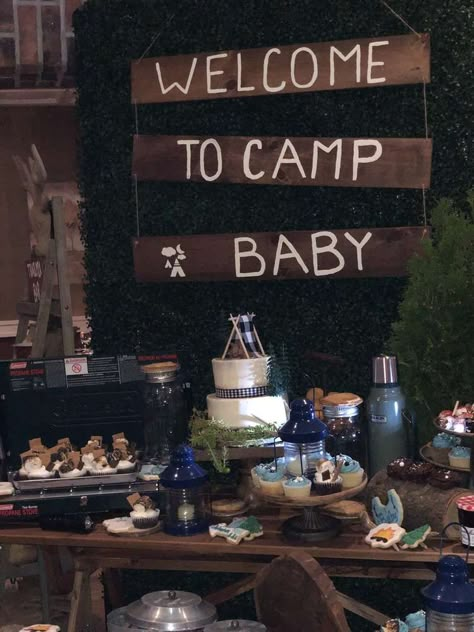 Welcome to camp baby  | CatchMyParty.com A Little Camper Is On The Way, Cabin Baby Shower Theme, Outdoor Theme Baby Shower Ideas, Camp Baby Shower Theme, Little Camper Baby Shower Ideas, Camp Baby Shower Ideas, Happy Camper Baby Shower Theme, Camp Theme Baby Shower Ideas, Campfire Baby Shower Theme