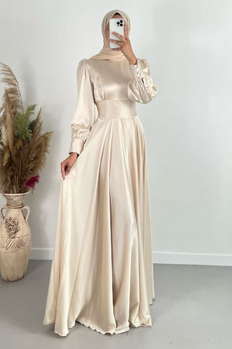 Dress Muslim Modern, Long Sleeve Satin Dress, Full Sleeves Dress, Hijab Dress Party, Satin Dress Long, Muslim Fashion Dress, Glamour Dress, Muslim Dress, Muslimah Fashion Outfits