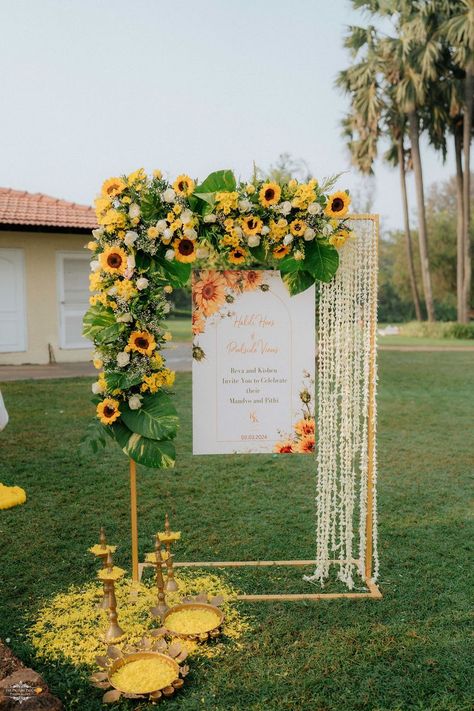 Engagement Venue Decorations, Haldi Entrance Decor, Indian Wedding Entrance Decor, Wedding Seating Decor, Pichwai Decor, Entrance Decor Wedding, Haldi Stage, Stage Decorations Wedding, Haldi Backdrop