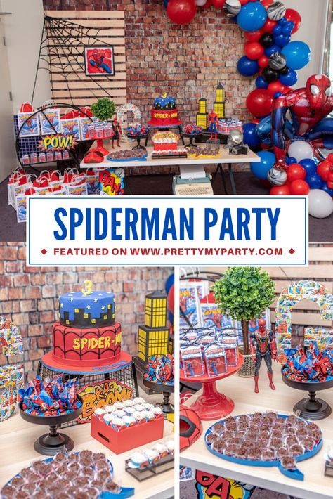 Spiderman 3rd Birthday Party - Pretty My Party - Party Ideas Spiderman 3rd Birthday Party, Spiderman 3rd Birthday, 3rd Birthday Decorations, Spiderman Birthday Party Food, Spiderman Party Supplies, Spiderman Theme Party, Spiderman Birthday Party Decorations, Birthday Deco, Spiderman Theme