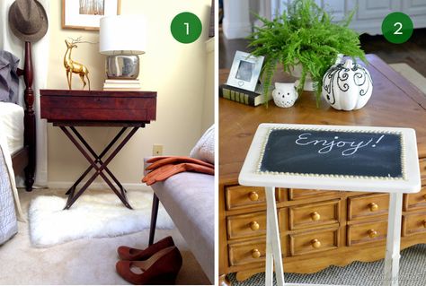 Add a decorative box to the top of the table for a glamorous look. Read more about this transformation here. Tv Tray Makeover, Wooden Tv Trays, Tray Makeover, Repurpose Furniture, Tv Tray Table, Tv Armoire, Upcycle Diy, Tray Tables, Tv Tray