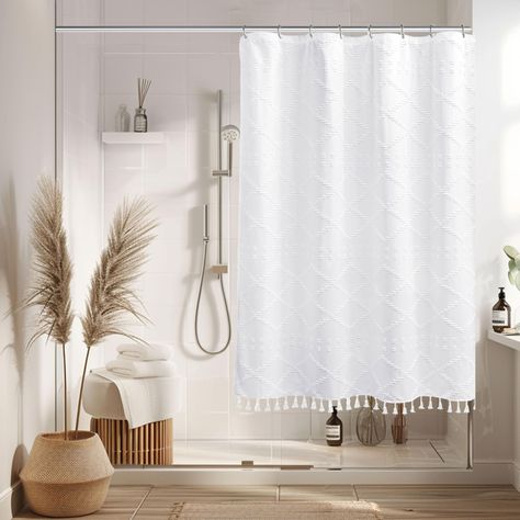 PRICES MAY VARY. WHITE SHOWER CURTAIN STANDARD SIZE - Measures 48' x 64' to fit most tub/shower areas, prevent water from splashing on the ground, keeping the ground dry and provide you with privacy. TEXTURED SHOWER CURTAIN - We've created this shower curtain with a textured pattern to add elegance to your bathroom. The chenille woven chevron design is a white color to match the background for a neutral look. TUFTED CHEVRON STRIPE & TASSELS SHOWER CURTAIN- elegant white fabric shower curtain wit Double Shower Curtain Ideas Bathroom, Rv Shower Curtain, Short Shower, Western Shower Curtain, Hotel Shower Curtain, Curtain Elegant, Double Shower Curtain, Bathroom Window Curtains, Farmhouse Shower Curtain