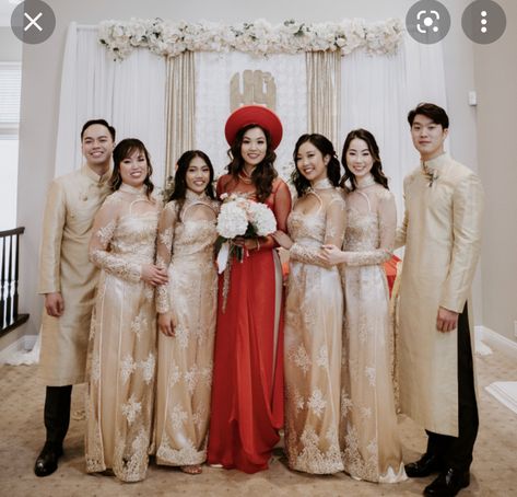 Viet Wedding Dress, Vietnamese Wedding Ceremony, Mexican Vietnamese Wedding, Bridesmaid Ao Dai Tea Ceremony, Tea Ceremony Ao Dai, Chinese Wedding Bridesmaids, Vietnamese Wedding Reception, Vietnamese Tea Ceremony Dress, Vietnamese Bridesmaid Dresses