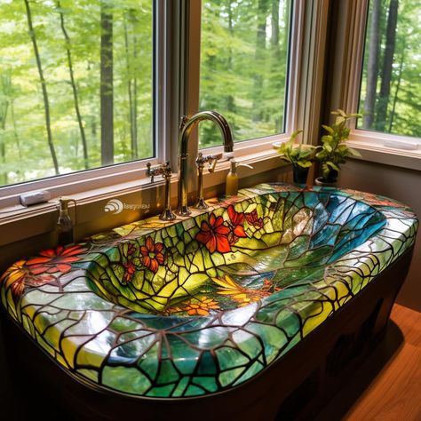 A stained glass bathroom sink! 👏👏 - Interior Designs Geode Furniture, Stained Glass Bathroom, Glass Bathroom Sink, Architecture Bathroom, Glass Sink, Terraria, Glass Bathroom, Dream House Interior, Dream House Decor