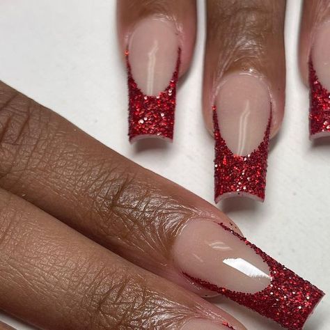 Maroon Glitter French Tip Nails, Red Sparkly Prom Nails, Hoco Nail Ideas Red, Red Glitter Nails French Tip, May 2024 Nails Ideas, Red French Tips With Glitter, Square Glitter Acrylic Nails, Red French Tip Nails With Glitter, Red Nails Homecoming