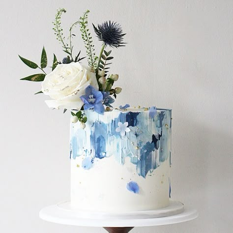 Marine Cake, Floral Cake Design, Soul Cake, Blue Birthday Cakes, 70th Birthday Cake, Gold Birthday Cake, Birthday Cake With Flowers, Small Wedding Cakes, Watercolor Cake