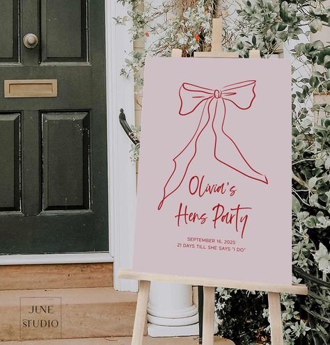 Bow Hens Party Welcome Sign Template Hand-drawn Illustration Bachelorette Party Signage Pink Red Hen Do Poster Printable Bow Coquette Artsy Hens Party Signage, Hens Party Welcome Sign, Hen Party Sign, Pink Hens Theme, Hens Backdrop, Hens Party Sign, Hens Welcome Sign, Hens Signage, Pink Hen Do