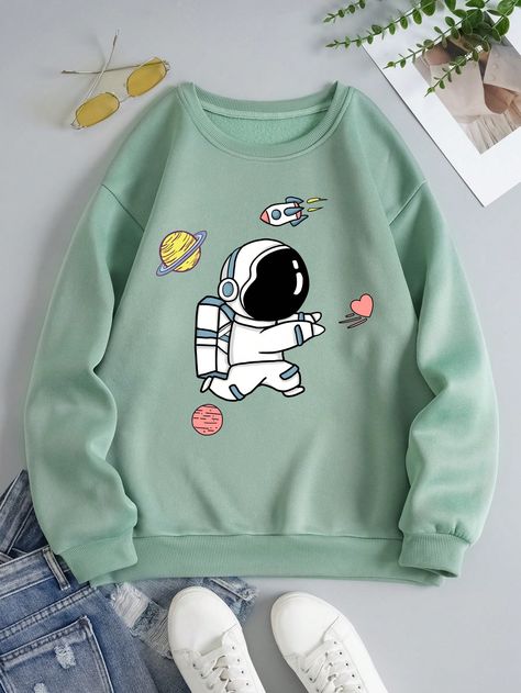 Astronaut Print Thermal Lined Sweatshirt Mint Green Casual  Long Sleeve Fabric Cartoon Pullovers Slight Stretch  Women Clothing, size features are:Bust: ,Length: ,Sleeve Length: T Shirt For Women Casual, Cute Sweatshirts For Women, Stylish Hoodie Women, Cool Sweatshirt Designs, Cute Sweatshirts Outfits, Cute Hoodie Outfit, Hoodies Design Ideas, Sweatshirts Design, Hoodies Cute