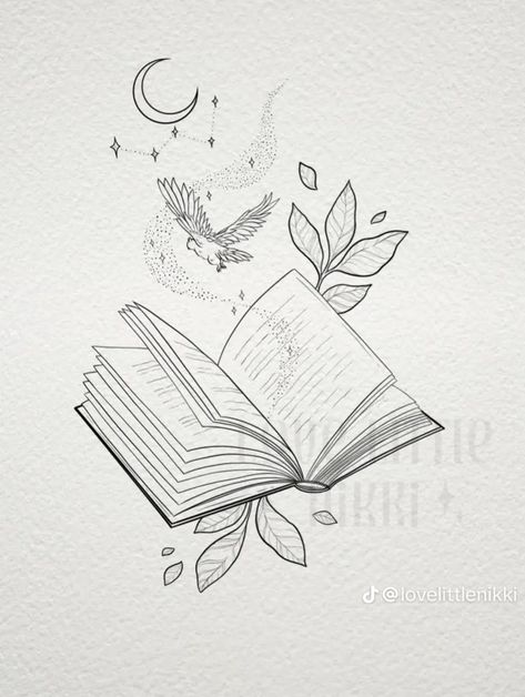 Bookish Wrist Tattoo, Meaningful Book Tattoos, Tattoo Open Book, Tiny Book Tattoo Ideas, Moon And Book Tattoo, Book Related Drawings, Harry Potter Books Tattoo, Fineline Book Tattoo, Reading Inspired Tattoos