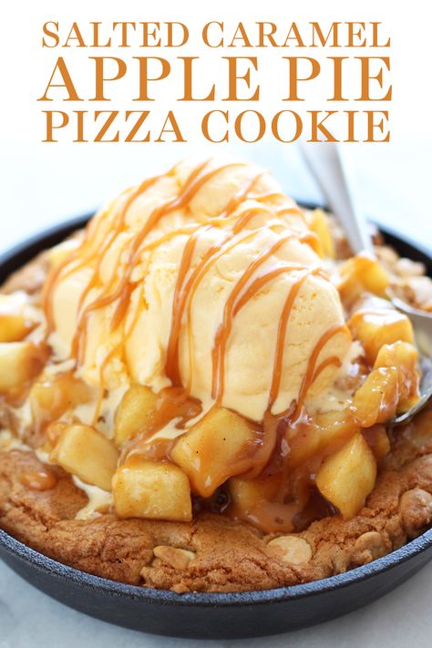 Salted Caramel Apple Pie Pizza Cookie is a white chocolate chip pizza cookie topped with fresh caramel apple pie filling, ice cream, and caramel. Easy homemade chewy dessert recipe! #pizookie #pizzacookie #saltedcaramel #pazookie Apple Pie Pizza, Quick Fall Desserts, Caramel Apple Pie Filling, Chocolate Chip Pizza, Pizookie Recipe, Pizza Cookie, Skillet Cookies, Salted Caramel Apple Pie, Sweet Bites