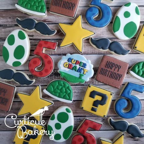 Super Mario Bros Decorated Cookies, Mario Kart Birthday Cookies, Mario Cart Cookies, Super Mario Decorated Cookies, Mario Party Cookies, Mario Brothers Cookies Decorated, Mario Birthday Party Cookies, Mario Kart Birthday Party Food, Mario Bros Cookies Decorated