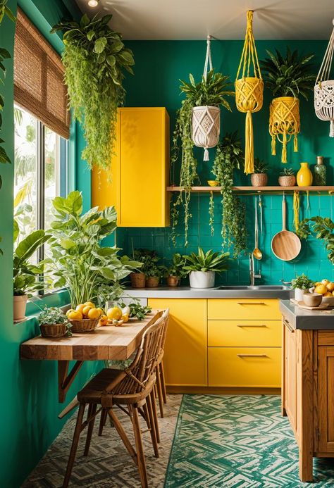 27 Stunning Boho Kitchen Designs That Will Inspire You 12 Colourful Rustic Decor, Boho Kitchen Makeover, Eccentric Kitchen Ideas, Botanical Kitchen Ideas, Colourful Kitchen Ideas, Boho Home Ideas, Colorful Kitchen Design, Colorful Eclectic Kitchen, Bright Kitchen Colors