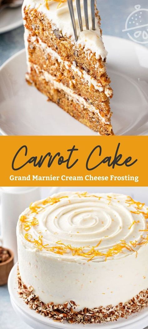 This homemade layered carrot cake recipe is perfectly spiced and made with shredded carrots, crushed pineapples and pecans. Moist with a tender crumb, this carrot cake is topped and filled with creamy, rich and tangy orange Grand Marnier infused cream cheese frosting. #recipe #lemonblossoms #easter #spring #carrots #baking #dessert Carrot Cake For Wedding, Carrot Cake Filling Ideas, Carrot Layer Cake, Layered Carrot Cake, Carrot Recipes Dessert, Pumpkin Empanadas, Carrot Cake Recipe Easy, Candied Carrots, Creamy Carrot Soup