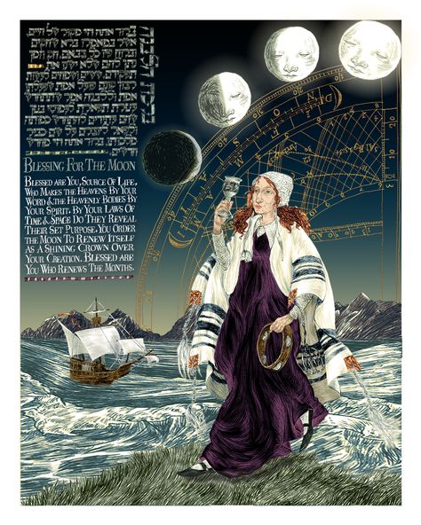 Birkat Ha-Levana: A Blessing For The New Moon by Ilene Winn-Lederer, from her book An Illumination of Blessings #tallit Judaism Art, Rosh Chodesh, Hebrew Prayers, Jewish Calendar, Jewish Symbols, Jewish Heritage, Jewish Culture, Jewish History, Shabbat Shalom