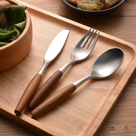 Flatware Cutlery Set Wood Handle Silverware Set Dining | Etsy Beautiful Flatware, Wood Cutlery, Wooden Cooking Utensils, Western Kitchen, Wooden Kitchen Utensils, Modern Dinnerware, Natural Teak Wood, Organic Wood, Fork Set