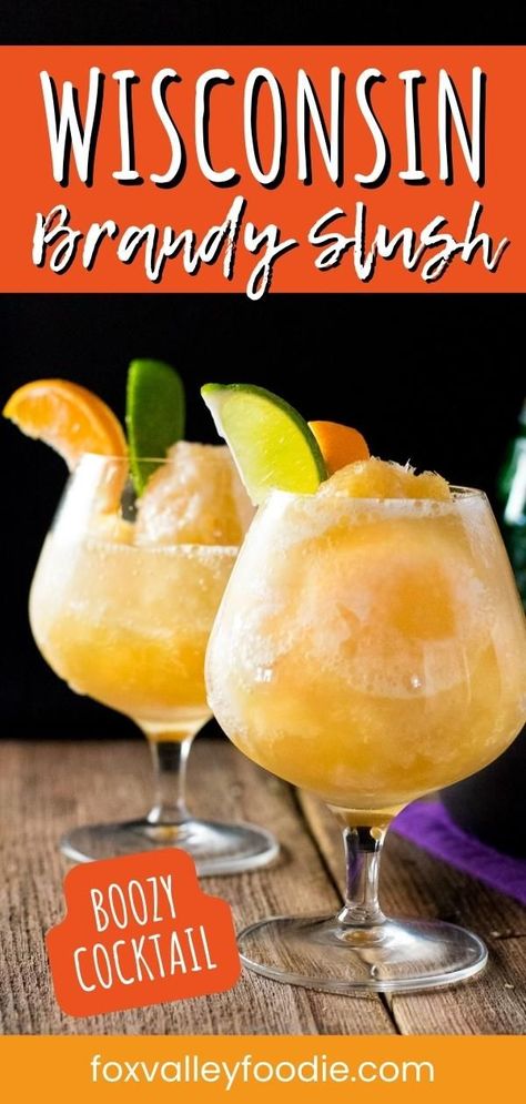 The Wisconsin Brandy Slush is a midwest classic featuring an icy mix of fruit juice, tea, and brandy. The Wisconsin Brandy Slush is a lesser-known classic Wisconsin cocktail that is perfect to enjoy on a hot summer day, at parties, and throughout the holiday season. This boozy punch is perfect to serve at your next get together. Peach Brandy Slush, Wisconsin Appetizers, Frozen Brandy Old Fashion Slush, Thanksgiving Slush Drink, Whisky Slush Recipe, Brandy Punch Recipe, Old Fashioned Slush Recipe, Brandy Old Fashioned Slush Recipe, Brandy Slush Wisconsin