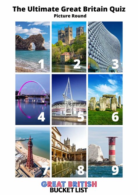 Host your very own quiz with these Great Britain quiz questions and answers, including a fun picture round featuring iconic landmarks. Test your general knowledge, geography, history and more with this fun quiz, guaranteed to put your brain cells to the test. #GreatBritain #PubQuiz #TravelQuiz #GeographyQuiz Geography Quiz Questions, Pub Quiz Questions, Time Quiz, Funny British, Geography Quiz, Travel Quiz, Scottish Warrior, Pub Quiz, Knowledge Quiz