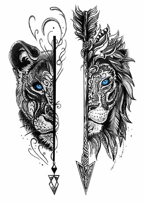 Lion His And Her Tattoos, His And Her Lion And Lioness Tattoo, His And Hers Lion Tattoos Couple Tat, Couples Sleeve Tattoos, Couples Tiger Tattoos, Couple Lion And Lioness Tattoo, His And Hers Lion Tattoos, Lion Couple Tattoo Design, Native American Couple Tattoos