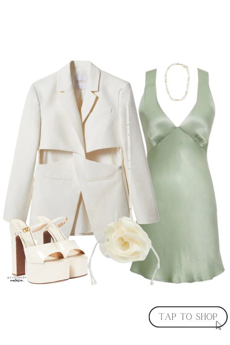 Sage Dress Aesthetic, Dress And Blazer Outfit Wedding Guest, Sage Green Wedding Guest Outfit, Satin Mini Dress And Blazer, Satin Dress And Blazer, Green Satin Mini Dress For Spring, Sage Green Wedding Guest Dress, Sage Green Mini Dress Casual, Sage Green Silk Dress Mini