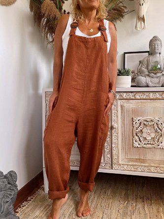 Brown Solid Cotton-Blend Sleeveless One-Pieces Linen Overalls, Estilo Hipster, Long Jumpsuit, Comfy Jumpsuits, Pocket Jumpsuit, Suspenders For Women, Linen Jumpsuit, Long Romper, Red Jumpsuit