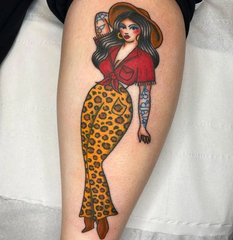 Cowgirl pinup tattoo? Sign us up 🥰 📷sammurphytattoo #tradtattoo #leopardprinttattoo #pinuptattoo #traditionaltattoos #cowgirlpinup #tradtattooflash #cowgirltattoo #cowboytattoo #pinup #pinupart #pinuptattoo #midcenturymoderntattoo #tattooart #tattooed #tattoolife #tattooideas Mexican Pin Up Girl Tattoo, Pinup Lady Tattoo, Cowboy Pinup Tattoo, Mexican Pinup Tattoos, Chubby Pinup Tattoo, Pin Up Girl Tattoos Traditional, Plus Size Pin Up Tattoo, Plus Size Pinup Tattoo, Tattooed Cowgirl