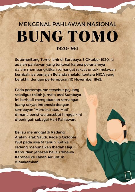 Terangi sejarah dengan 'Desain Poster Mengenal Pahlawan Nasional - Bung Tomo' kami. Kenali perjalanan heroik Bung Tomo, salah satu pahlawan nasional Indonesia, melalui poster yang informatif dan menginspirasi. Dari pertempuran membara hingga tekad yang tak kenal menyerah, mari bersama-sama merayakan keberanian pahlawan kita. #PahlawanNasional #BungTomo #SejarahIndonesia #Patriotisme #DesainPoster #MengenalPahlawan #PerjuanganBangsa #IndonesiaHebat #WarisanNasional #BanggaIndonesia Infografis Pahlawan, Biografi Pahlawan, Poster Sejarah, Poster Pahlawan, Bung Tomo, Pahlawan Nasional, Materi Bahasa Inggris, History Infographic, Hand Crafts For Kids