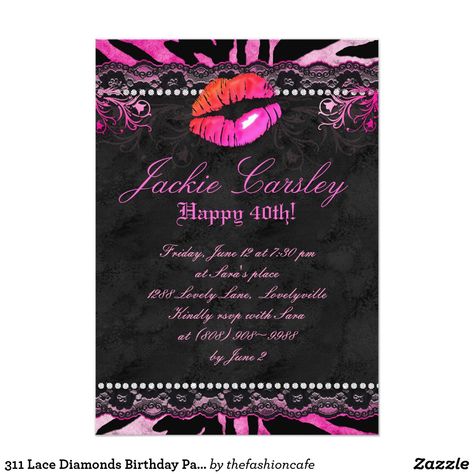 311 Lace Diamonds Birthday Party Zebra Pink Lips Invitation 2000's Party, Makeup Birthday Party, Purple Invitations, Elegant Birthday Party, Sweet Sixteen Invitations, Sweet Sixteen Parties, Adult Birthday Invitations, Lace Wedding Invitations, Carton Invitation